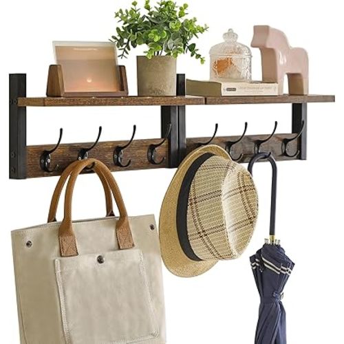 YMYNY Coat Rack Shelf Wall Mounted, Coat Hooks Set of 2, Entryway Coat Hanger with 8 Hooks, 31.5" Wall Floating Shelf with Hat Rack, for Kitchen, Bedroom, Bathroom, Rustic Brown UHWS001H-2