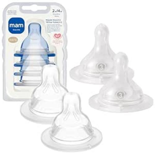 MAM Baby Bottle Nipple Mixed Flow Pack, Medium Size 2 and Fast Flow Size 3 for Newborns 2+ Months, Skin Soft BPA Free Silicone, 94% Nipple Acceptance, Fits All MAM Bottles, 4 Pack, Made in Europe