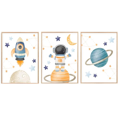 Space Wall Art Soft Pastels Space Wall Art for Boys 3 Piece Rocket Astronaut Planet Set (12x16 Inch Unframed Decor Toddler Nursery Art Whimsical Bedroom Posters)