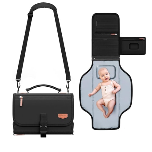 Matelas à langer portable avec bandoulière, matelas à langer de voyage amovible avec poche pour lingettes pour bébé, cadeaux pour fête prénatale, nouveau-né filles et garçons (noir)
