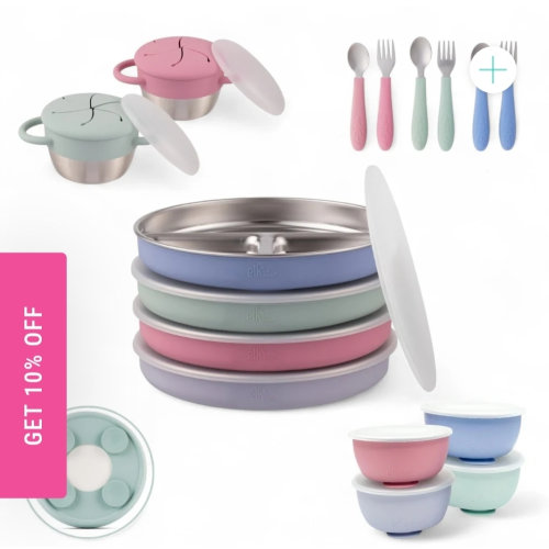 Stainless Steel Mealtime Bundle | Sucton Sleeves | Plates, Bowls, Snack Cups + Toddler Utensils | 16 Pcs | Blush/Lilac/Sage/MistyBlue