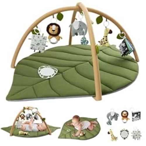 Blissful Diary Baby Play Gym & Activity Mat, Oversize Leaf Shaped Baby Play Mat w 6 Detachable Toys, Tummy Time Mat Promote Motor Skills & Sensory Development Mat, Newborn Infant Baby Essentials Gift