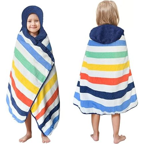 Style Quarters 100% Cotton Kids Hooded Bath Towel with Colorful Stripe Design - Large 50"x24" Soft Terry Toddler Beach Towel, Rainbow Hooded Towel for Boys & Girls (Rainbow)