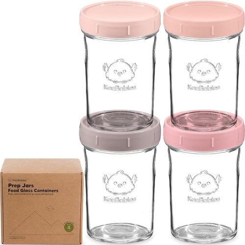 KeaBabies 8oz Glass Jars with Lids - 4pk Small Glass Baby Food Containers with Lids, Leak-Proof, BPA-Free, Purees & Baby Snack Containers Storage, Microwave, Dishwasher & Freezer Safe (Roseate)