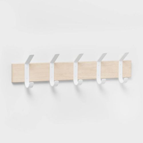 Mixed Material 5 Hooks Rail Matte White - Brightroom™: Wall Mounted Decorative Hook Rack, Steel & Rubberwood, 22.5" Length