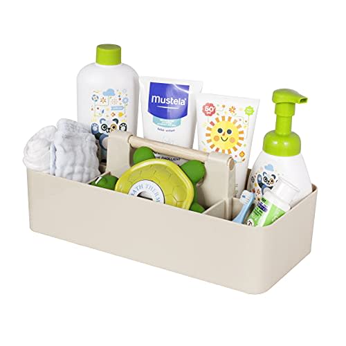 Baby Shower Caddy Plastic Nursery Portable Storage Organizer Caddy Tote for Child/Kids, Divided Basket Bin with Wood Handle for Bathroom, Dorm Room, Holds Hand Soap, Bottles, Spoons (Light Khaki)…
