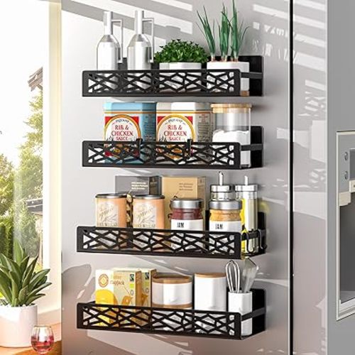 DTUQYX 4 Pack Magnetic Spice Rack for Refrigerator, Heavy Duty Metal Magnetic Fridge Spice Rack Organizer with 4 Hooks, No Drilling Rustproof Spice Storage for Kitchen Organization,11LB Load Capacity