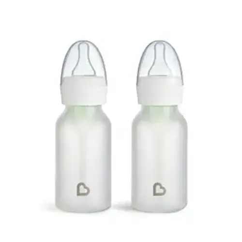 Munchkin Bond Glass Baby Bottles, Anti Colic Baby Bottles for Newborns, 4 oz Silicone Coated BPA Free Slow Flow Bottles for Breastfed Babies, Infant Feeding Bottle Set, 2 Pack, White