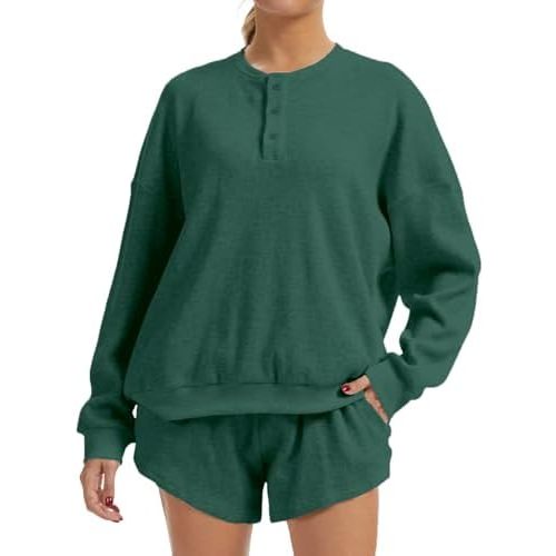 AnotherChill Women's Oversized Waffle Knit Lounge Set Long Sleeve Sweatshirt and High Waisted Shorts 2 Piece Casual Outfit