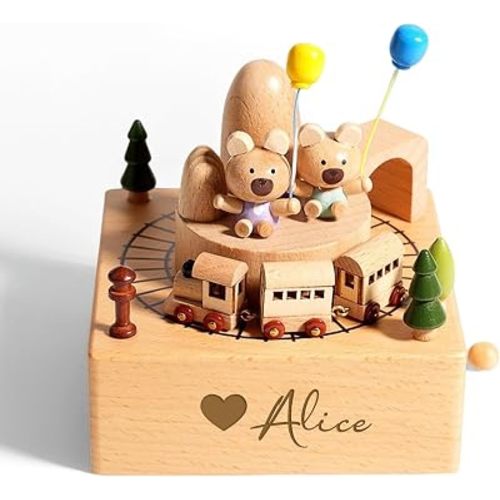 Customizable Wooden Carousel Music Box, Personalized Music Boxes with Customizable Name/Text/Graphic, Personalized Wood Laser Engraved Hand Cranked Musical Boxes Gifts for Kids Girls Boys Daughter