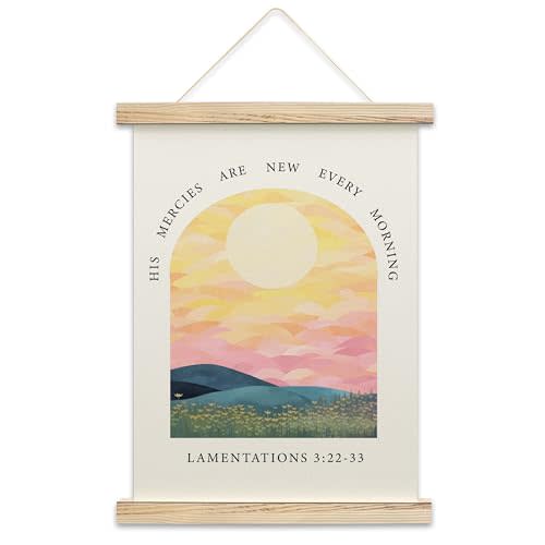 Dhsupfcn His Mercies Are New Every Morning Bible Verse Poster Hanger, Sunrise Mountain Wall Art with Wood Hanger, Christian Room Decor, Scripture Wall Decor for Playroom Classroom, A01