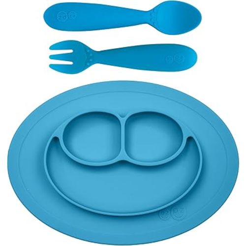 ezpz Mini Mat (Blue) + Mini Utensils (Fork & Spoon in Blue) - Toddler essentials mat and spoon