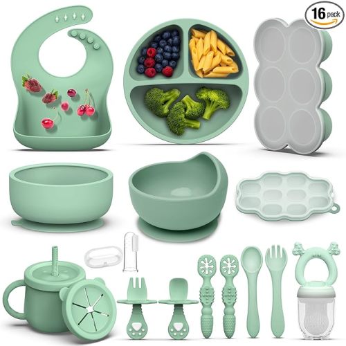 16 Pack Silicone Baby Feeding Set, BPA-Free Baby LED Weaning Supplies, Include Suction Plates, Baby Bowls, Silicone Fork & Spoon, First Stage Baby Food Eating Utensils - 6+ Months (Dark Green, 16)