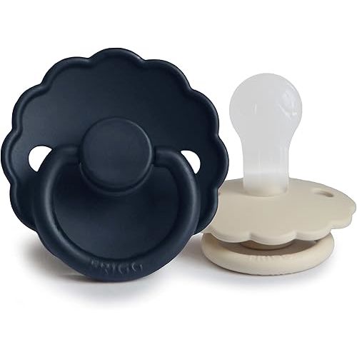 FRIGG Daisy SilkySoft Silicone Baby Pacifier | Made in Denmark | BPA-Free (Dark Navy/Sandstone, 0-6 Months)