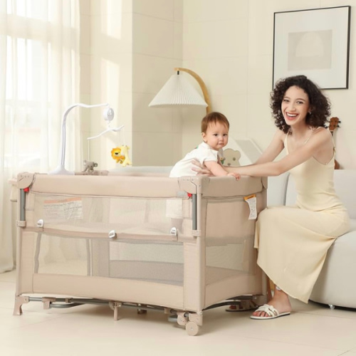 5 in 1 Pack and Play Foldable Travel for Newborn to Toddlers (Beige)
