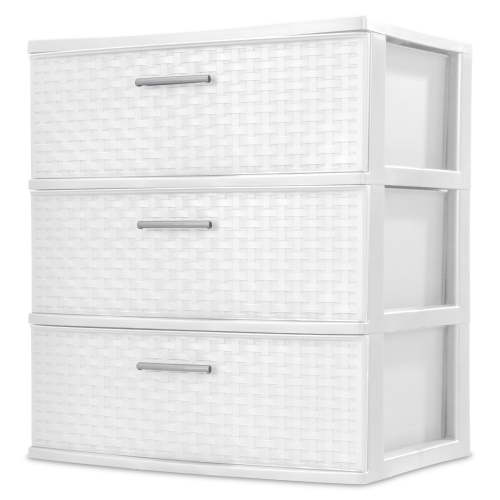 Sterilite 3 Drawer Wide Weave Tower, Plastic Décor Drawers with Pull Handles, White