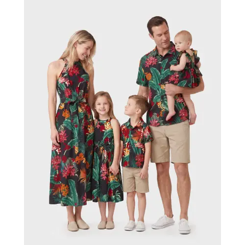 Family Matching Allover Plant Floral Print Halterneck Dresses and Short-sleeve Shirts Sets Black