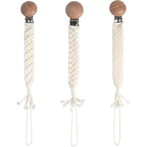 Boho Pacifier Clip – Handmade Braided Cotton Pacifier Holder with Wooden Clip, Unisex for Boys & Girls, Baby Shower, Birthday & Christmas Gift – Milk White (Pattern 3)