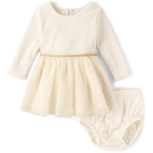 The Children's Place Baby Girls' And Newborn Long Sleeve Dressy Dress and Diaper Cover Set