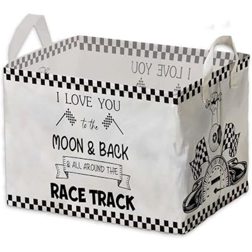Race Car Storage Basket for Boys, Boys Checkered Basket, Race Flag Kids Baby Storage Bin Toy, Car Themed Room Decor for Nursery, Large Squarecanvas Laundry Hamper With A Waterproof PECoating, Foldable