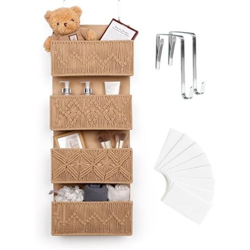 ANTIS'S HOME Nursery Over The Door Organizer Boho Decor Nursery Storage with 4 Large Woven Pockets, Macrame Nursery Organizers and Toys Storage, Behind Door for Bathroom, Bedroom, Brown