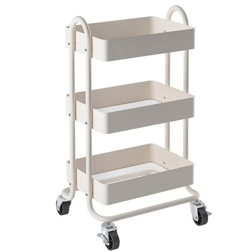 Metal Rolling Cart,3-Tier Metal Rolling Cart with Wheels,3 Tier Utility Cart with Wheels for Office,Home,Kitchen,Garden（13.4"x18.1"x31"） White