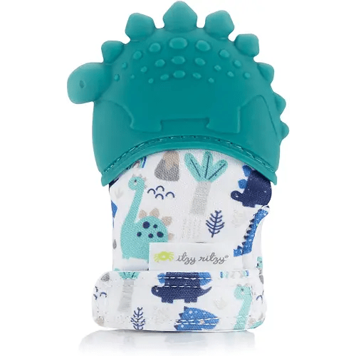 Itzy Ritzy Silicone Teething Mitt – Soothing Infant Teething Mitten with Adjustable Strap, Crinkle Sound and Textured Silicone to Soothe Sore and Swollen Gums, Teal Dinosaur