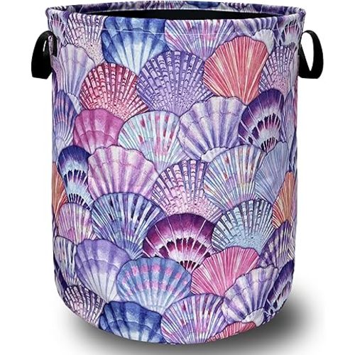 Watercolor Seashell Laundry Basket With Handles Oxford Cloth Tote Bag Colorful Laundry Hamper18.9"x16.5 "Foldable Clothe Storage Bucket Toy Organizer For Bathroom/Laundry/Bedroom
