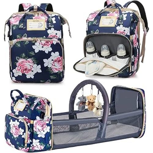 Diaper Bag Backpack with Changing Station, Foldable for Bady Toddler, 3 in 1 Large Capacity Newborn Essentials Organizer with Stroller Hook for Girls and Boys（Blue）