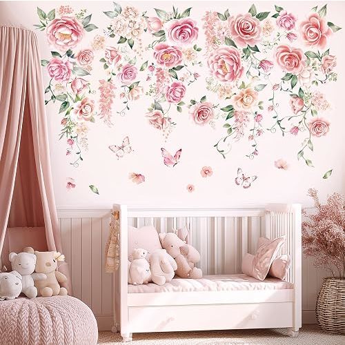 DECOWALL SG3-2428 Rose Vine Wall Stickers Room Decals Bedroom Living Flower Décor Art Floral Pink tv Decoration Butterfly Nursery Peel and Stick