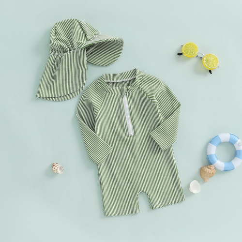 Boys One Piece Swimsuits Size 12-18M Striped Long Sleeve Romper with Sun Hat Zipper Rash Guard Swimwear Toddler Kids Sunsuit