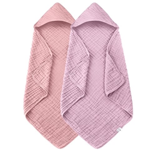 2 Pack Hooded Baby Towels - 100% Muslin Cotton for Newborns, Infants, Toddlers - Large 32x32 Inch Size - Highly Absorbent and Essential for Newborn Care, Light Sakura