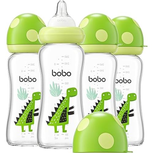 YOHKOH Natural Glass Baby Bottle with Natural Response Nipple, Newborn Anti-Colic Baby Bottles, Wide Neck Mushroom Cap Baby Bottle, Clear (8.8ounce (Pack of 4), Green2)