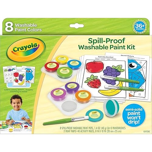 Crayola Spill Proof Paint Set (8ct), Stocking Stuffer & Holiday Gifts for Toddlers, Washable Toddler Paint Kit, With Brushes, Pots, Activity Pages, Ages 3+