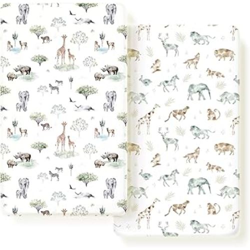 Stretch Ultra Soft Jersey Knit Fitted Crib Sheets Set 2 Pack,Fit All Standard Crib Mattress Pads Safe and Snug, Crib Fitted Sheet for Baby, Stylish African Savannah Animals Pattern