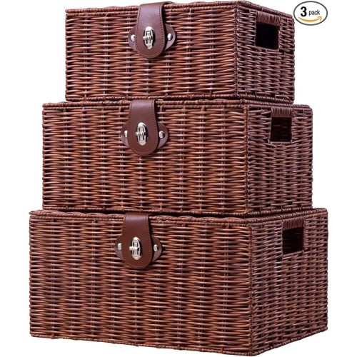 Set of 3 Woven Wicker Storage Basket Box with Lids & Lock, Built-in Carry Handles, Multifunctional Storage Organizer for Nursery, Baby, Clothes, Toys, Books, Large/Medium/Small Size (Natural)