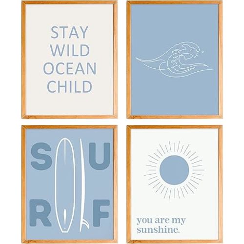 BearCake Ocean Nursery Wall Art Set of 4 UNFRAMED - Coastal Summer Beach Ocean Wall Decor for Toddler Kids Boys Girls Room Playroom, You are My Sunshine Wall Decor, 8x10 Inches blue