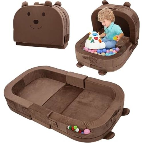 Toddler Travel Bed,Toddler Play Mat,Foldable&Portable Kids Floor Sofa with Removable Pillow,28D High-Density Sponge,Bear-Shaped 2-in-1 Activity Center for Reading, Playing,Little Sofa at Home