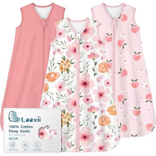 Looxii Baby Sleep Sack 0.5 TOG, 100% Cotton 3 Pack Wearable Blanket Baby Sleep Bag for Newborn Infant, 2-Way Zipper Lightweight Toddler Sleeping Sack 6-12 Months