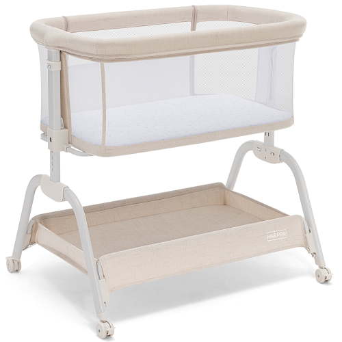HARPPA Baby Bassinet, Compact Rolling Bassinet with Wheels and Storage, Adjustable Height, Beige