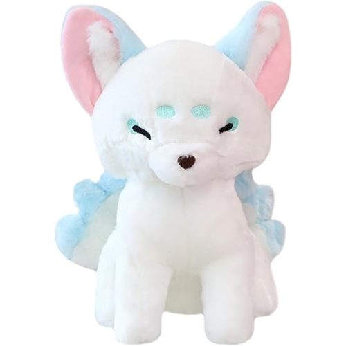 ELAINREN Furry Nine-Tailed Fox Stuffed Animals Realistic Kyuubi Kitsune Plush Toy Cuddle White Fox Plushie Doll Gifts/14.9''x11.8''x7.8''