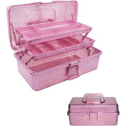 12.2inch 3-Layer Art & Craft Tool Storage Box, Beautiful Sewing Supplies Organizer, Plastic Portable Fishing Tackle Boxes, for Art Supply, Makeup, Hair Accessories, Painting Tools (Pink)