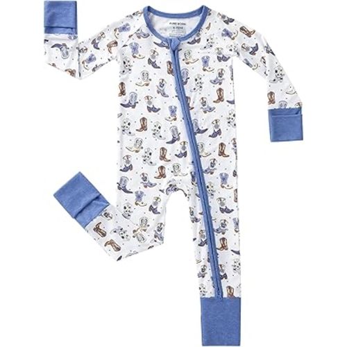 pureborn Baby Boys Sleeper Viscose from Bamboo Pajamas 2-Way Zipper Snug Fit Sleepwear Blue Cowboy Boots 0-3 Months