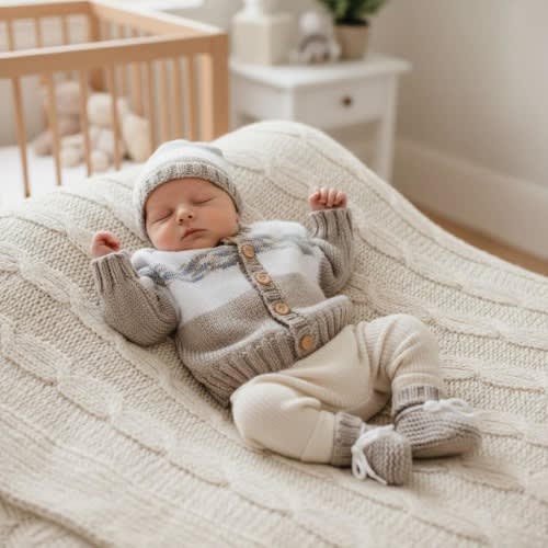 Hand Knit Baby Outfit: boys Cardigan, Hat, Booties & Mittens