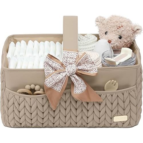 Luxurious Baby Diaper Caddy, Nursery Storage Basket for Newborn Essentials, Travel Baby Basket for Diapers Baby Wipes, Organizer Tote Bag Storage Bin, Baby Shower Gifts(Beige)