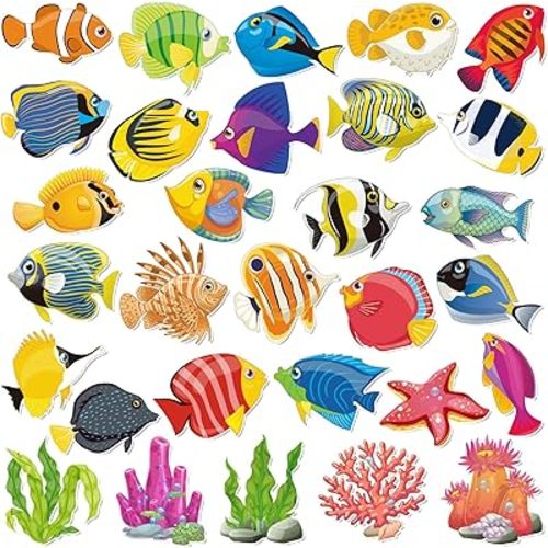 Nezyo 200 Pcs Tropical Fish Cutouts Sea Life Cut Outs Ocean Animal Accents Fish Cut-Outs Paper Colorful Under the Sea Party Classroom Bulletin Board Decorations with 400 Glue Points