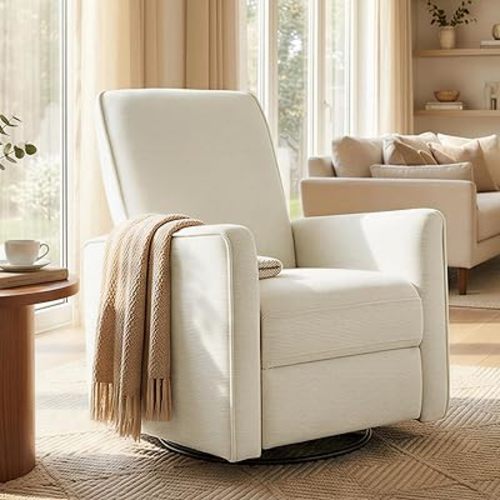 Swivel Rocker Recliner Chair, Nursery Glider Recliner Manual Rocking Comfy Upholstered Fabric Reclining Single Sofa for Nursery Bedroom Living Room