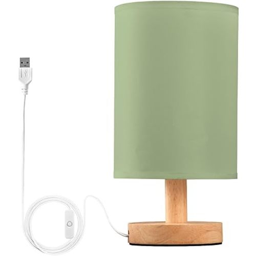 Sage Green Solid Color Bedside Table Lamp for Bedroom Nightstand, Small Eye Care LED Desk Reading Lamp USB Port Wood Base Round Flaxen Fabric Shade for for Kids Room Living Room Office Desk