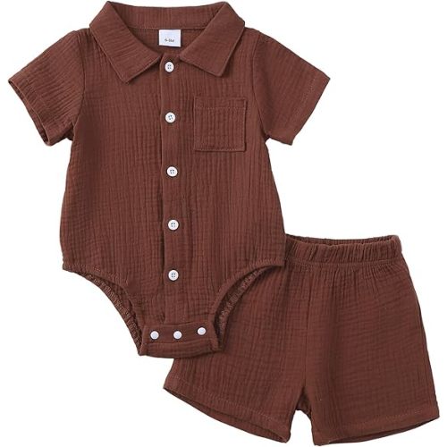 Jecson Newborn Boy Clothes Baby Boy Outfits Summer Cotton 2 Piece Set with Button Down Bodysuit and Shorts 0-18M