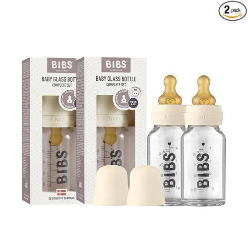 Bibs Baby Glass Bottle | Newborn Anti-Colic Baby Bottles | Borosilicate Glass with a Natural Vented Round Natural Rubber Latex Nipple | Consistent Flow Rate | 3.7 oz/110 ml | 2 Pack | Ivory